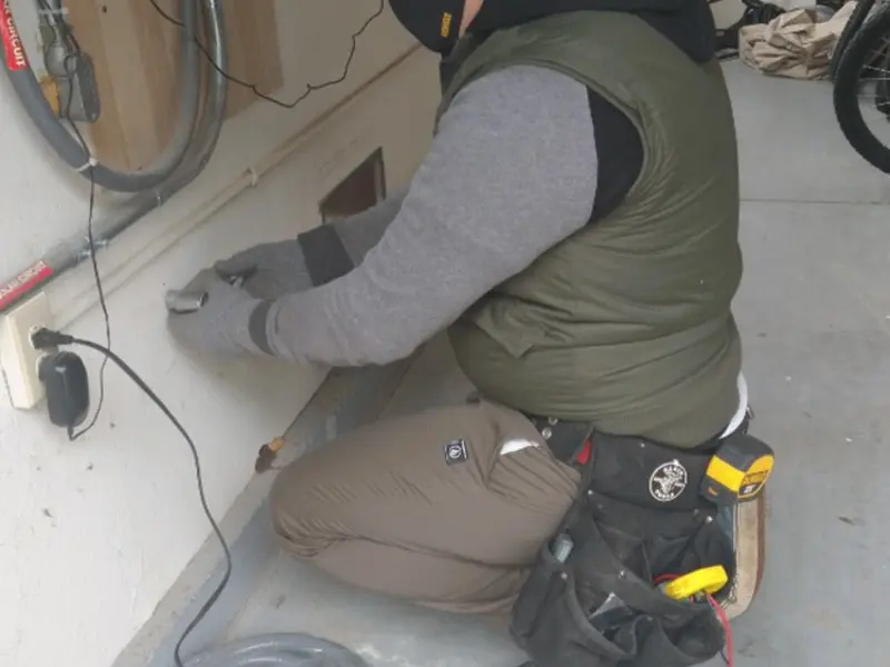 Electrician performing outlet wiring in a Norton Shores garage
